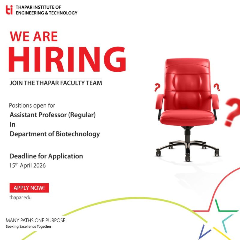 Department of Biotechnology at Thapar Institute of Engineering & Technology is inviting applications for Assistant Professor