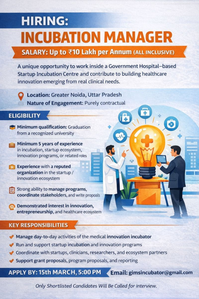 Hiring: Incubation Manager - Greater Noida