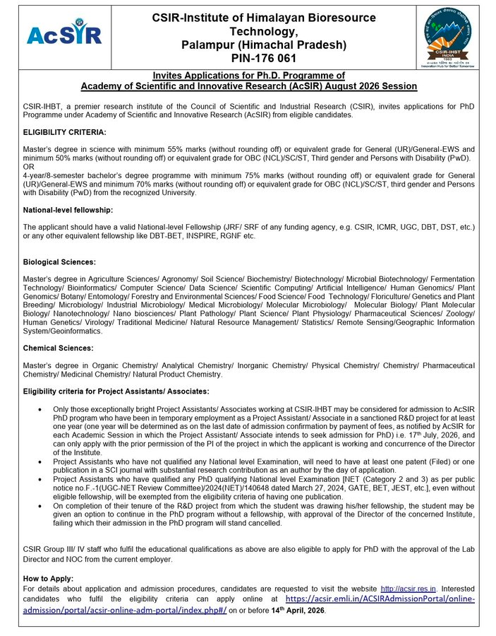PhD Positions at CSIR-IHBT Palampur