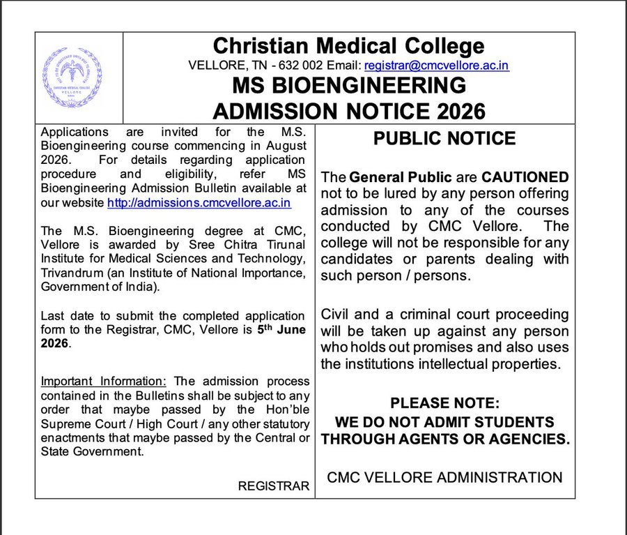 Admissions 2026 open for MS Bioengineering course