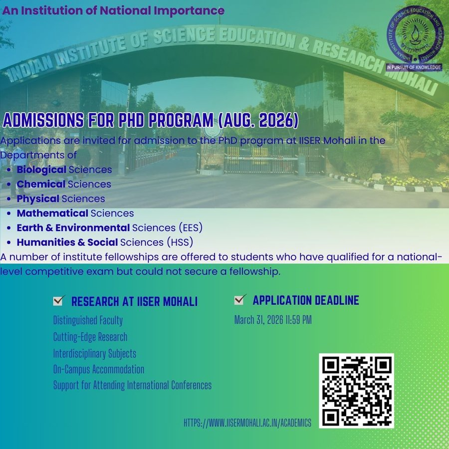 PhD program August 2026 - IISER Mohali