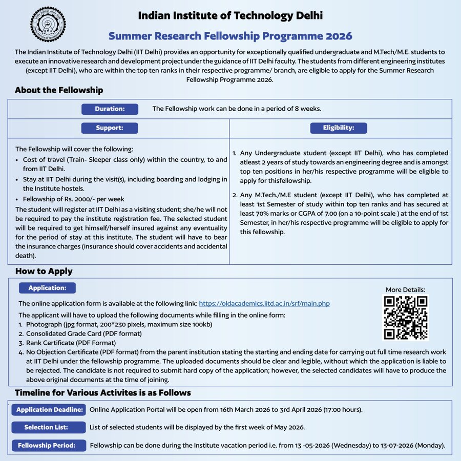 Summer Research Fellowship Programme (SRFP) 2026 for UG and PG Students - IIT Delhi