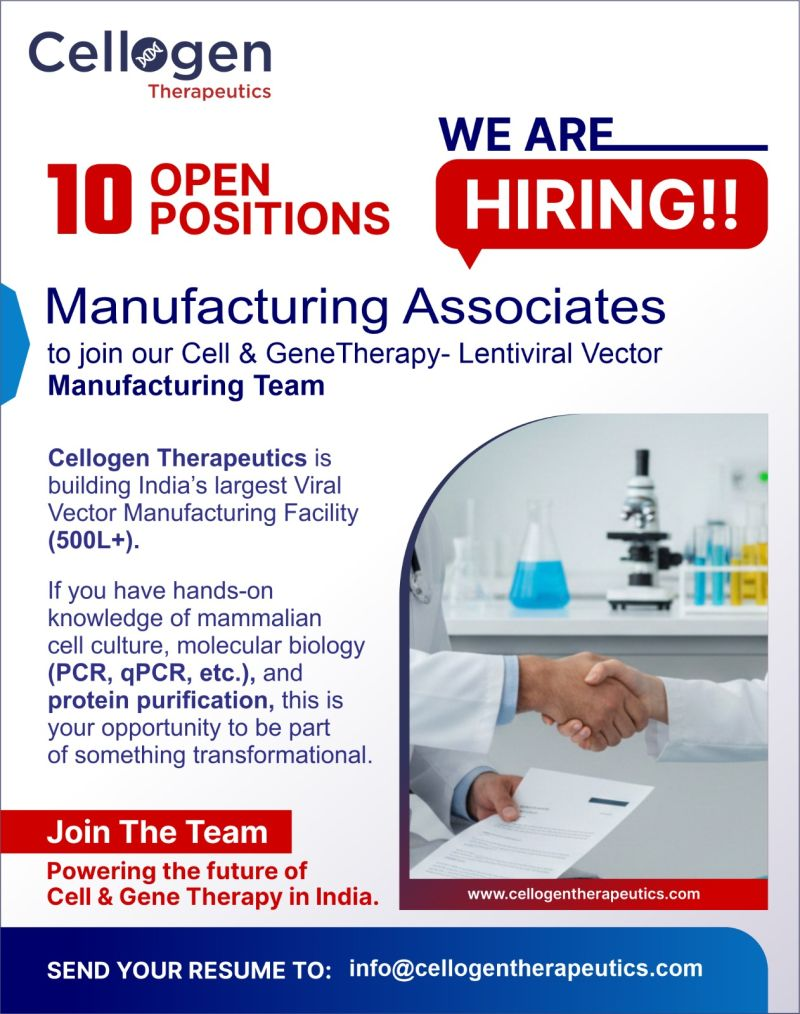 Cellogen Therapeutics is hiring Manufacturing Associates to join our Cell & Gene Therapy