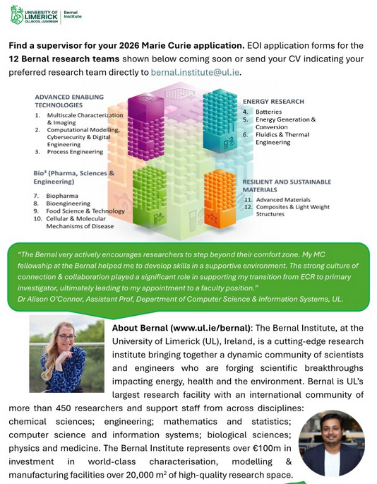 2026 Marie Skłodowska-Curie Postdoctoral Fellowship (MSCA PF) - Bernal Institute at the University of Limerick