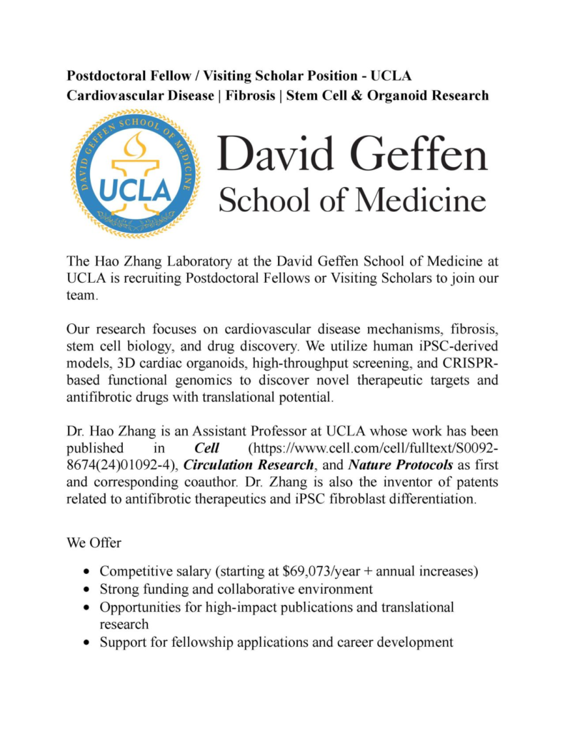 Zhang Lab at UCLA is seeking a Postdoctoral Fellow to lead projects on cardiovascular diseases