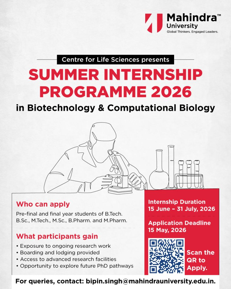 Summer Internship Program 2026 in Biotechnology and Computational Biology - Mahindra University