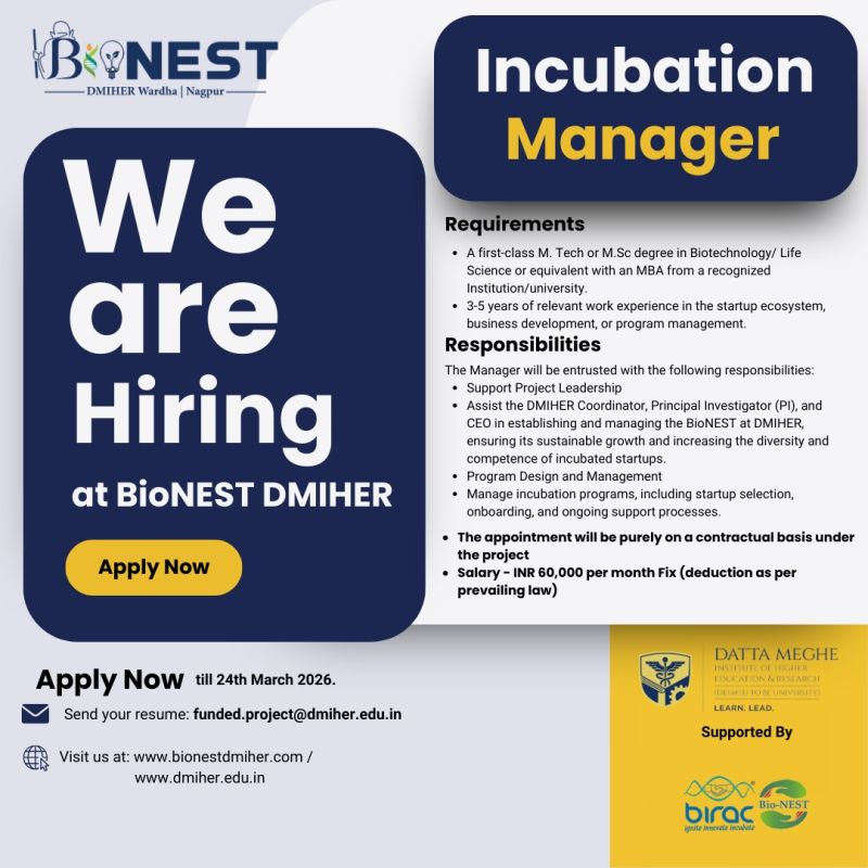 Hiring Incubation Manager - Wardha