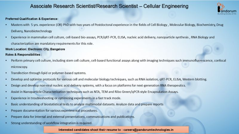 Hiring | Scientist - Cellular Engineering | Bangalore | Pandorum Technologies