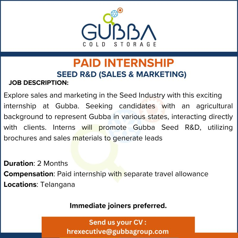 Hiring – Seed R&D Intern | Gubba Cold Storage - Hyderabad