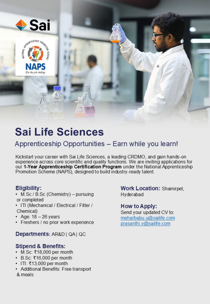 Apprenticeship Program for M.Sc/ B.Sc (Chemistry) and ITI graduates - Sai Life Sciences - Hyderabad