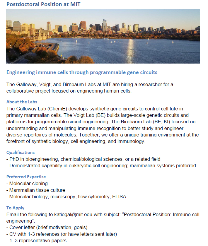 Postdoc opening MIT Galloway, Voigt & Birnbaum Labs