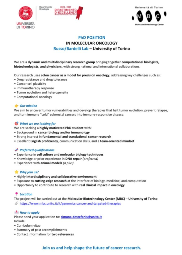 Russo/Bardelli’s Lab is currently looking for a PhD student