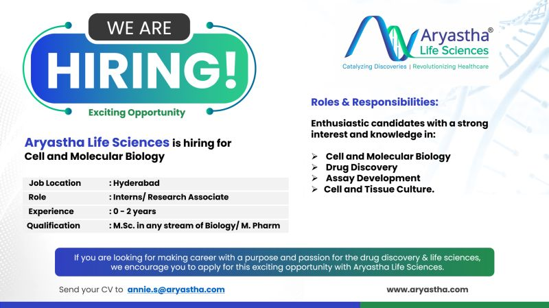 Aryastha Life Sciences is hiring for Cell and Molecular Biology - Frehsers