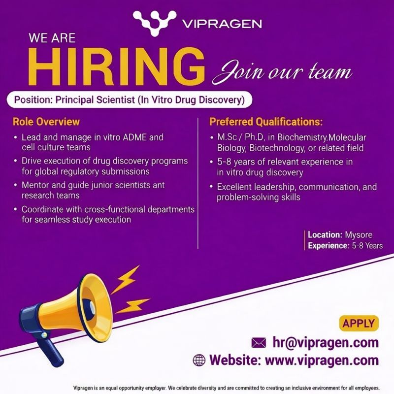 Hiring: Principal Scientist (In Vitro Drug Discovery) | Mysore