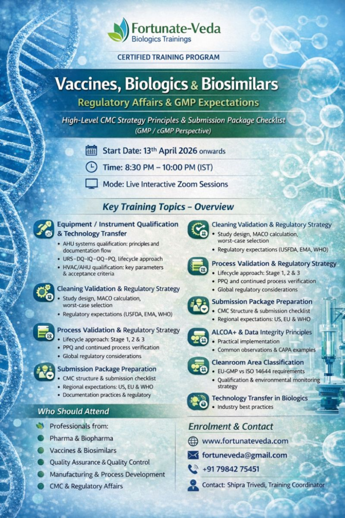 Certified Training Program on:
Vaccines, Biologics & Biosimilars β Regulatory Affairs & GMP Expectations