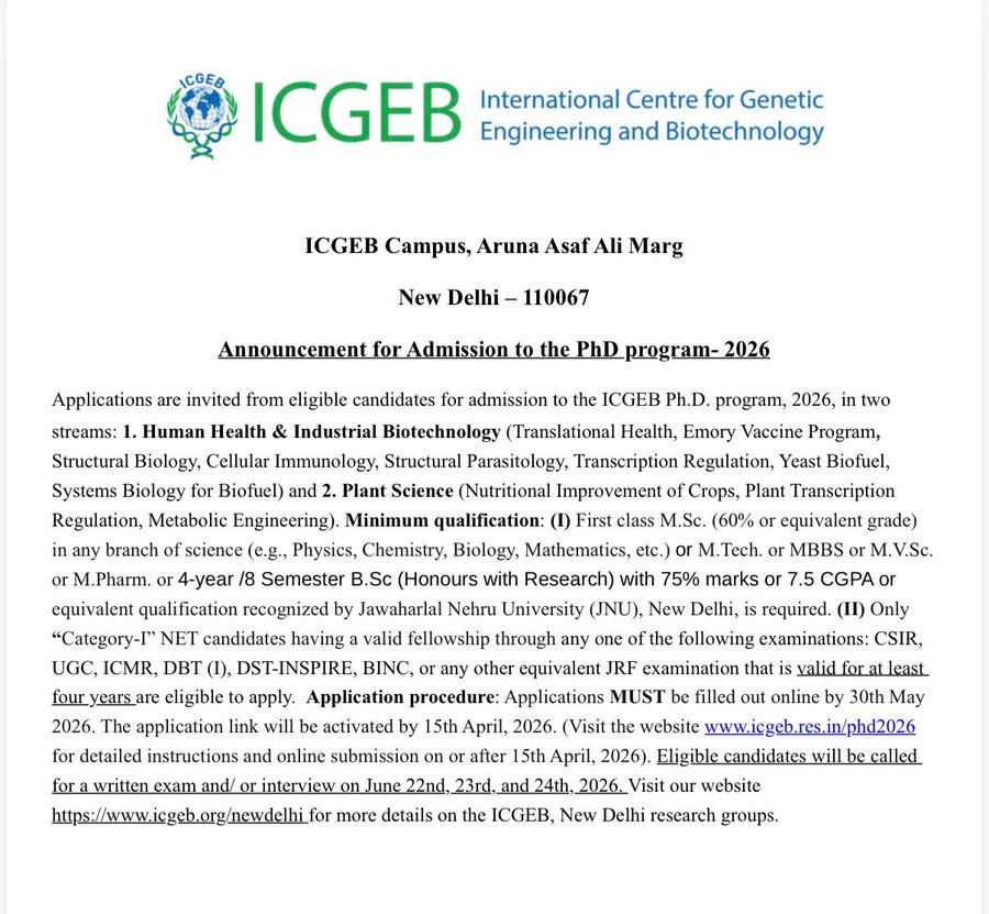 PhD Admissions 2026 - ICGEB