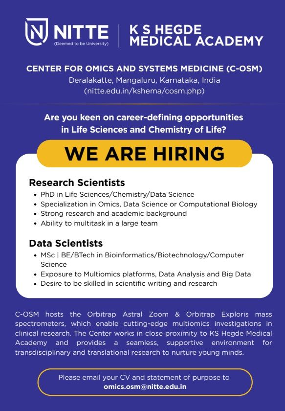 Hiring at the Center for Omics and Systems Medicine (C-OSM), KS Hegde Medical Academy, Nitte DU, Mangalore