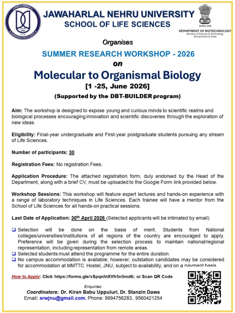 Summer Research Workshop 2026 on Molecular to Organismal Biology - JNU Delhi