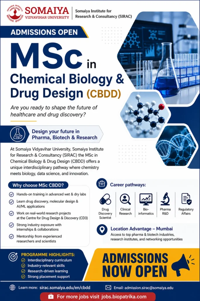 Admissions Open | MSc in Chemical Biology & Drug Design (CBDD) - Somaiya Vidyavihar University- Mumbai