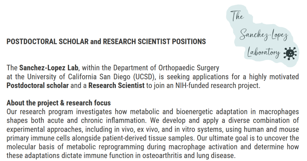 The Sanchez-Lopez Lab at UC San Diego is recruiting a Postdoctoral Scholar and a Research Scientist 
