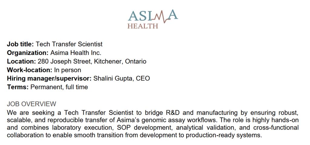 Hiring a Tech Transfer Scientist at Asima Health - Canada