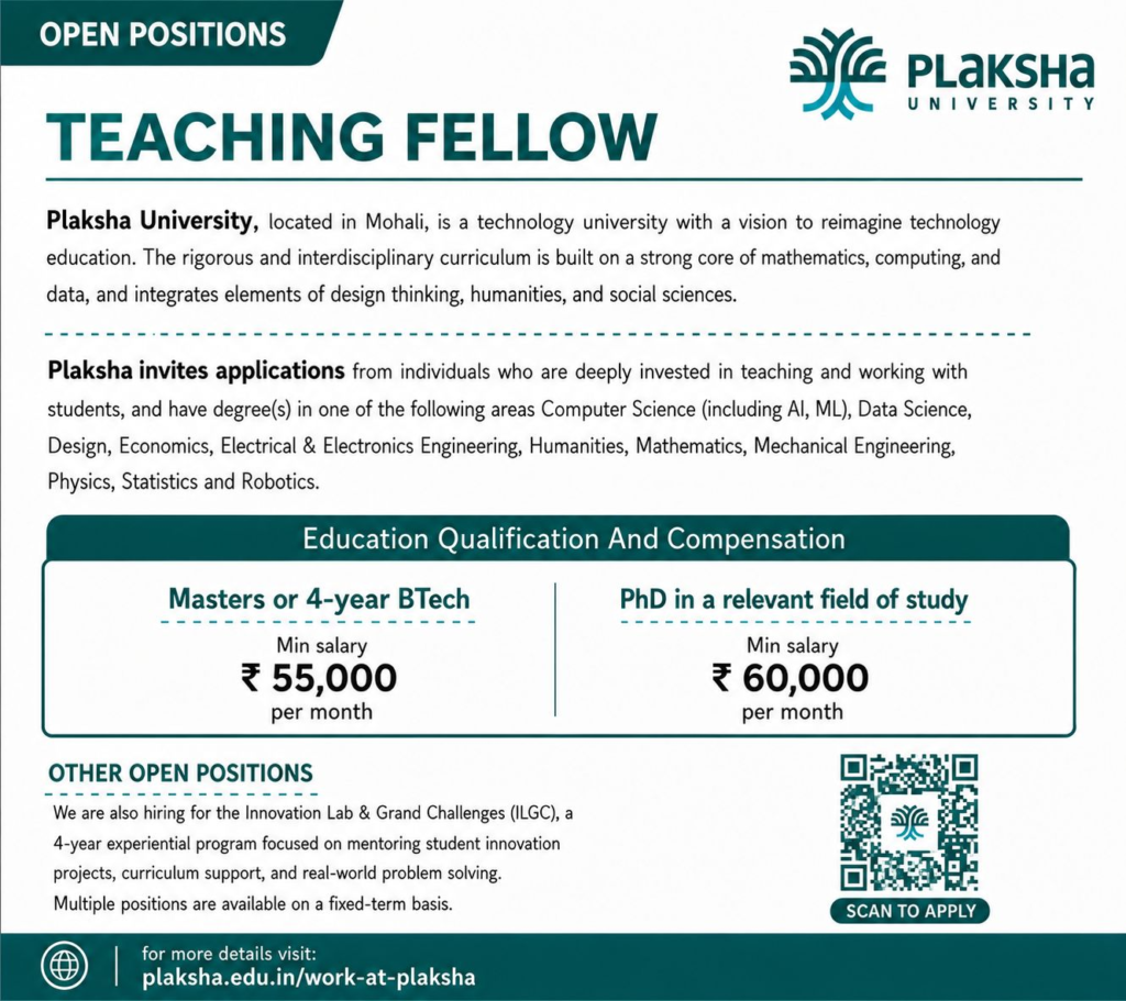 Teaching Fellow across multiple disciplines - Plaksha University - Mohali