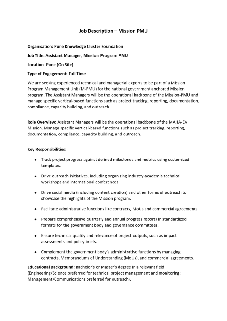 Assistant Manager, Mission Program PMU, Pune Knowledge Cluster 2