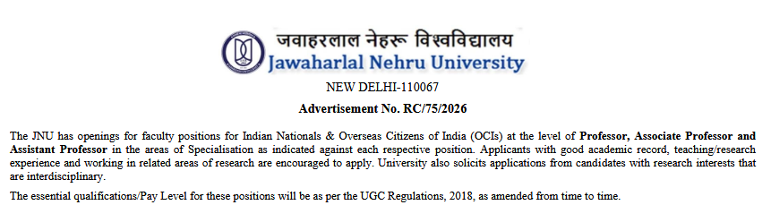Faculty positions (122 positions) for different Schools/Centres in JNU Delhi