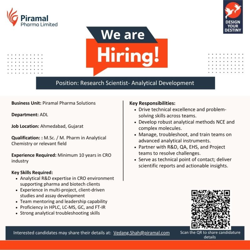 Piramal Pharma hiring Research Scientist – Analytical Development - Ahmedabad 