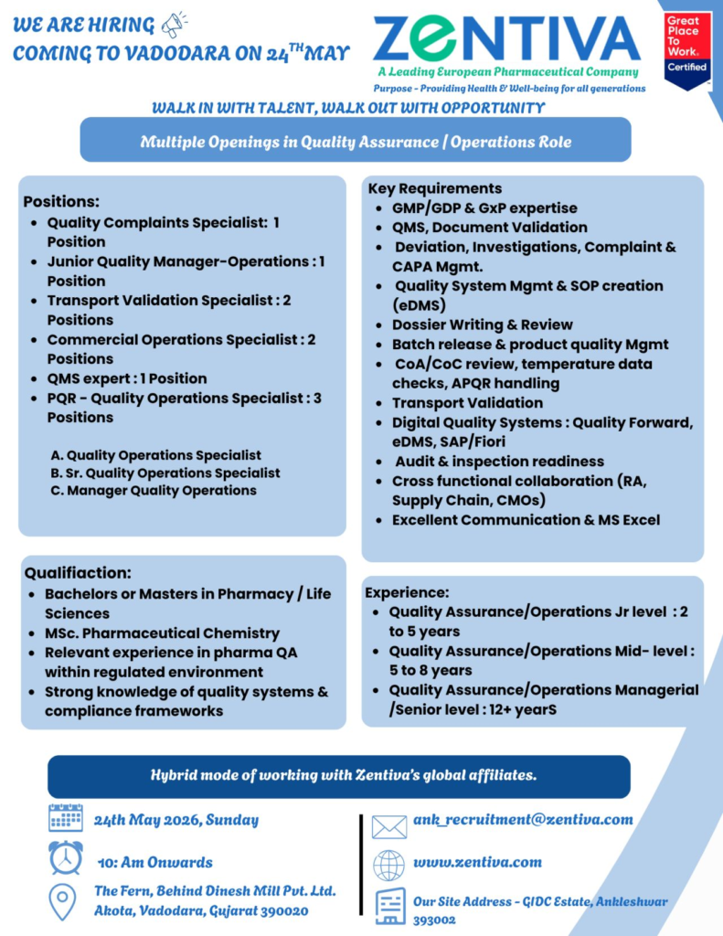 Zentiva hiring - Walkin | Vadodara