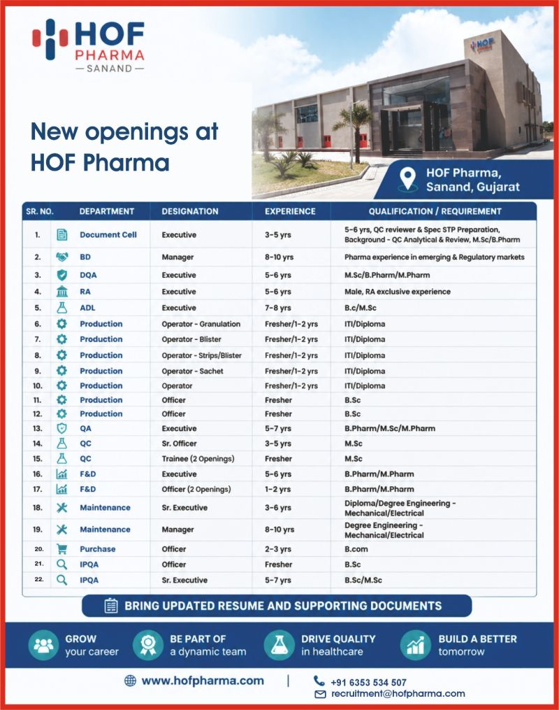 HOF Pharma hiring - Gujarat