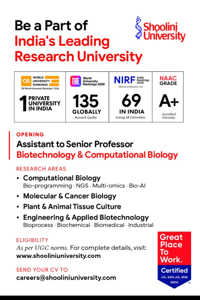 Shoolini University is Hiring Assistant to Senior Professor – Biotechnology & Computational Biology - Solan