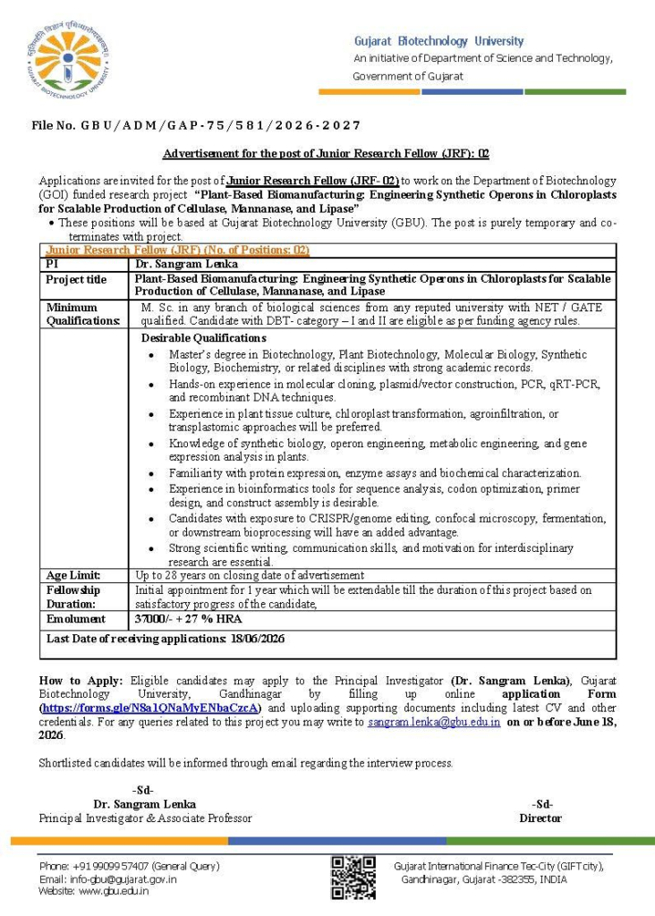 Hiring for DBT-Funded JRF Positions at GBU