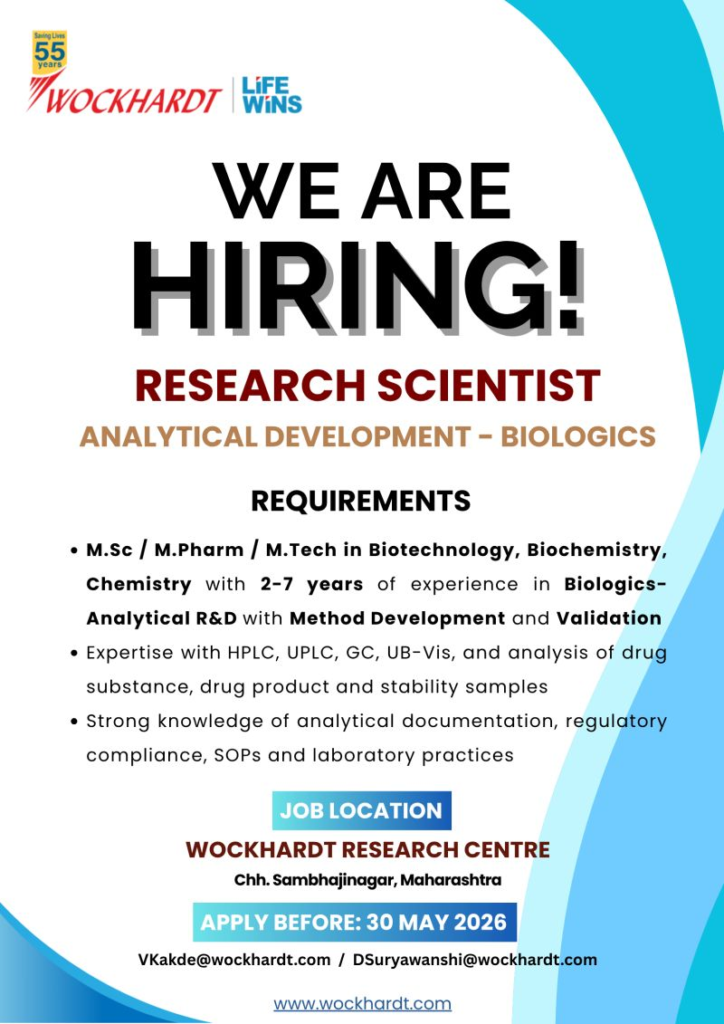Wockhardt R&D Biologics division is looking for Analytical Development Associates
