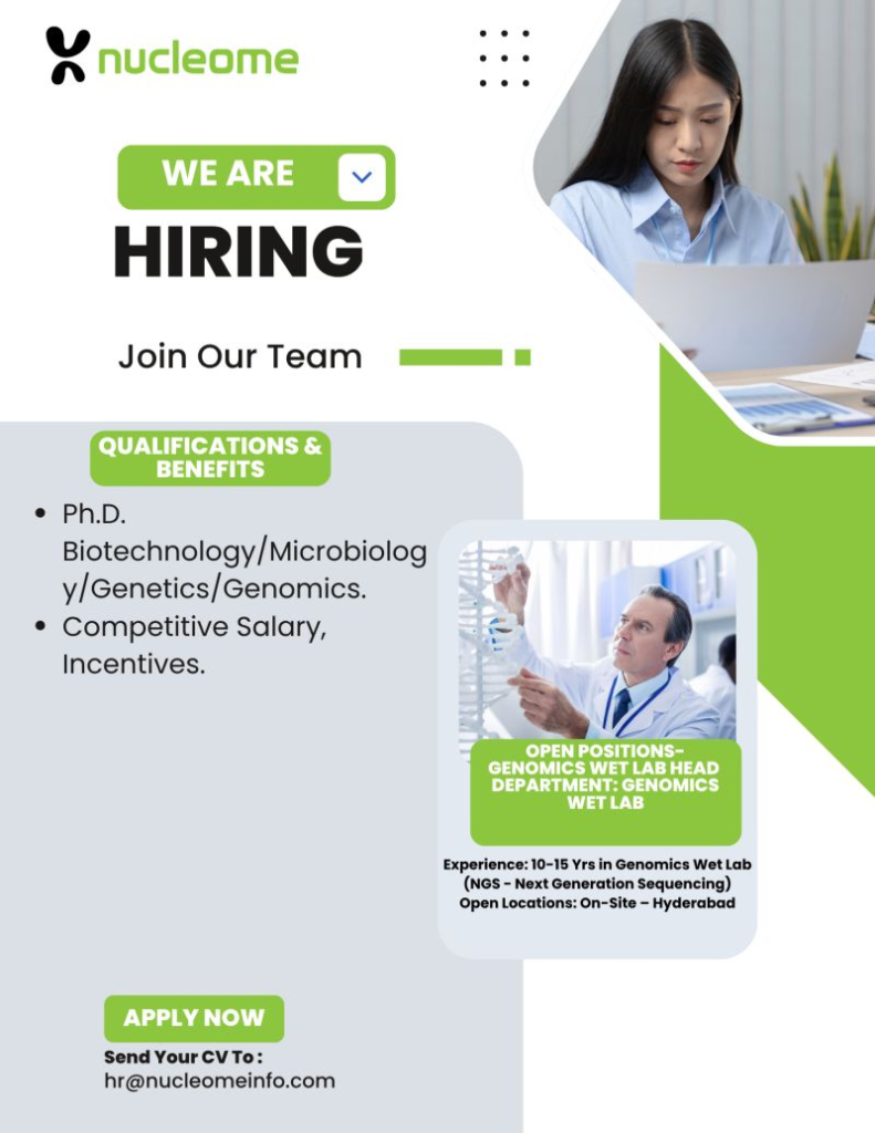 Nucleome hiring Wet Lab Head - Hyderabad