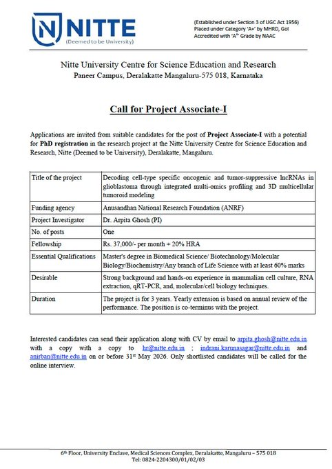NUCSER, NITTE University, Mangalore is hiring a Project Associate-I