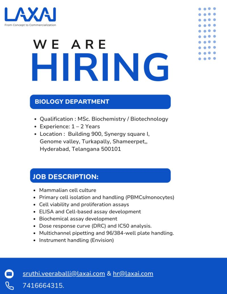 LAXAI Life Sciences hiring MSc Biochemistry / Biotechnology - Hyderabad