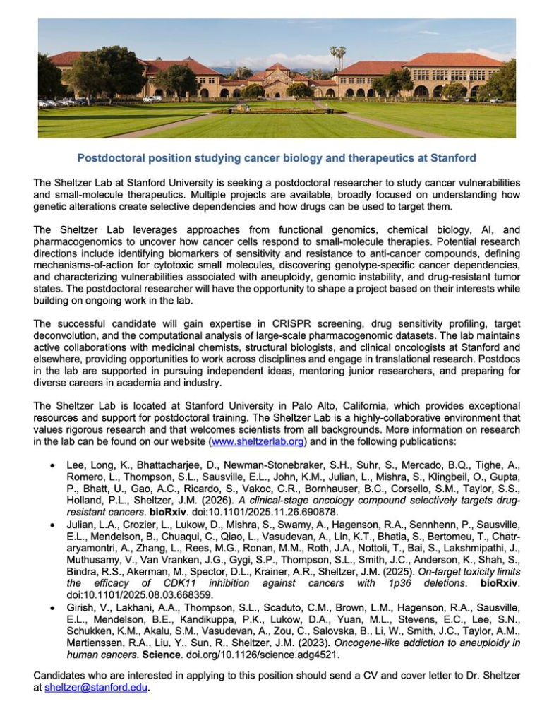 Stanford University is looking to hire postdocs for multiple projects on cancer biology and therapeutic