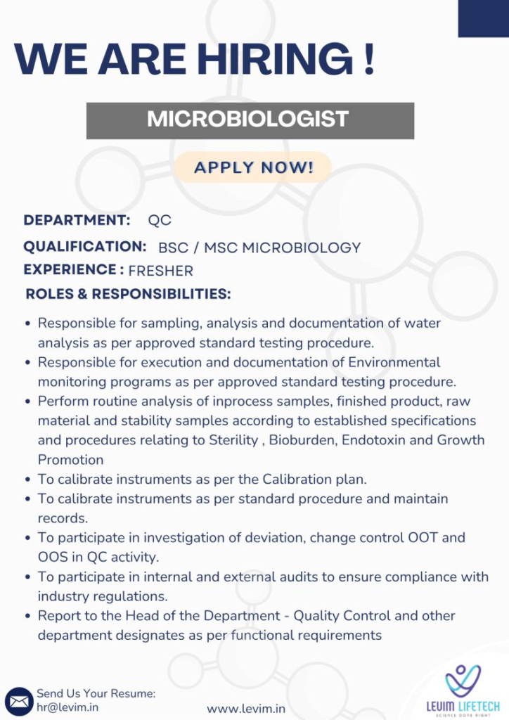 Levim Lifetech Pvt. Ltd is hiring for the Quality Control β Microbiology department
