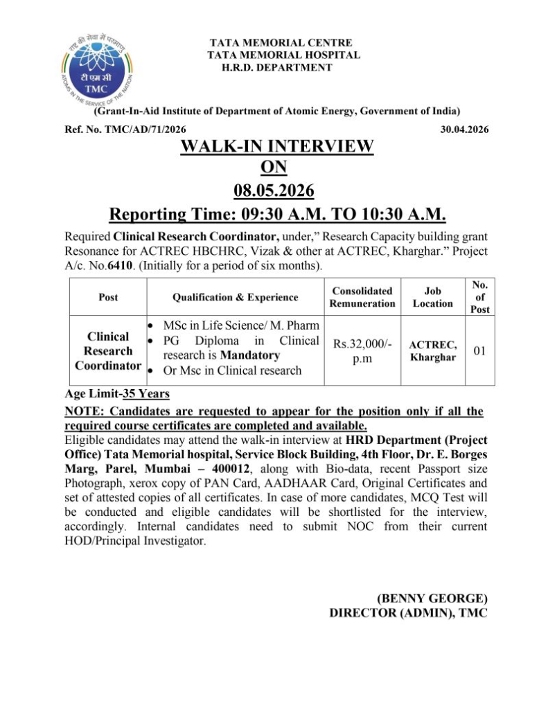 Walk-in Interview | Clinical Research Coordinator – TMC ACTREC Mumbai