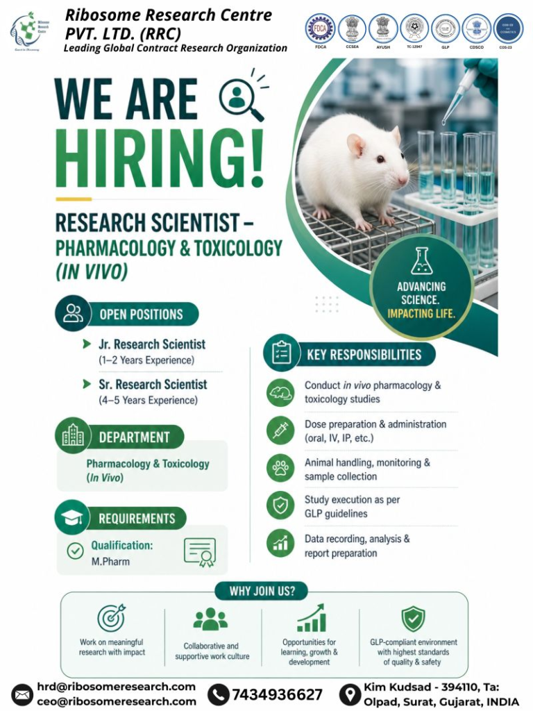 RRC hiring Research Scientists – Pharmacology & Toxicology (In Vivo) - Surat