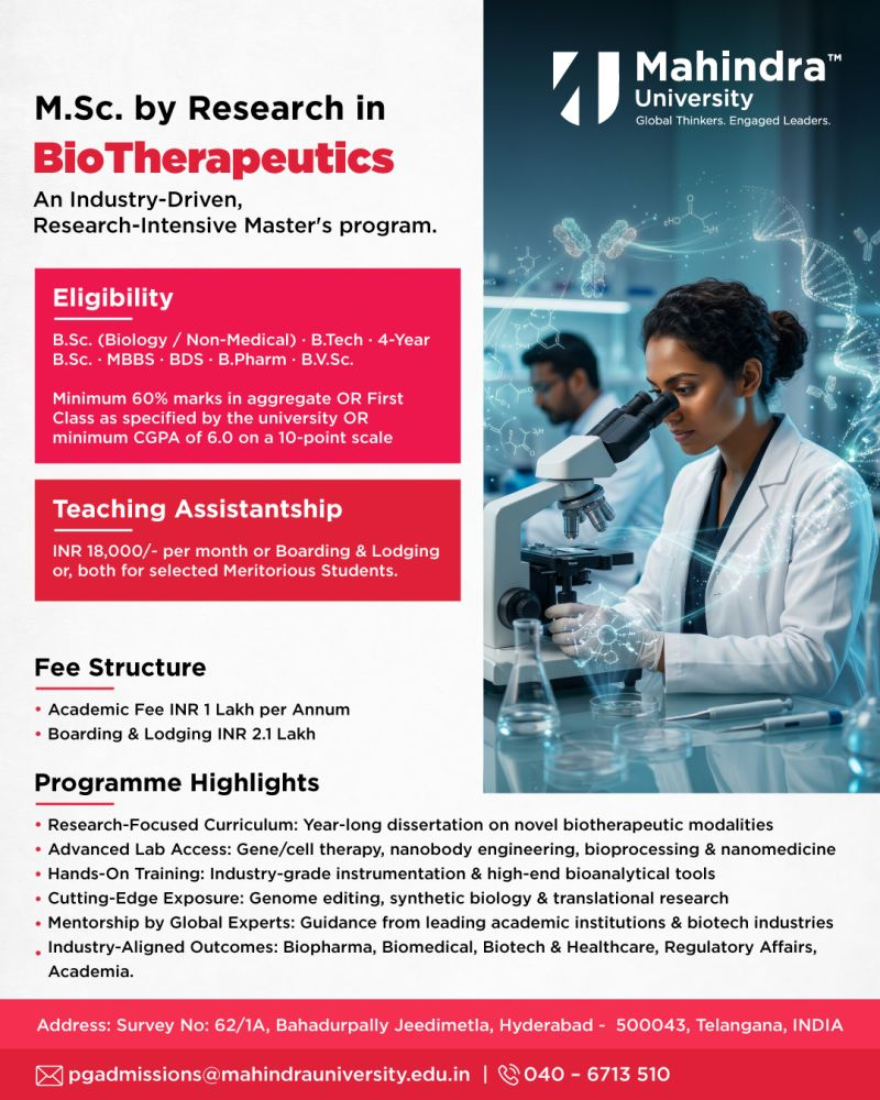 Applications are open for our M.Sc. by Research in BioTherapeutics program Mahindra University - Hyderabad