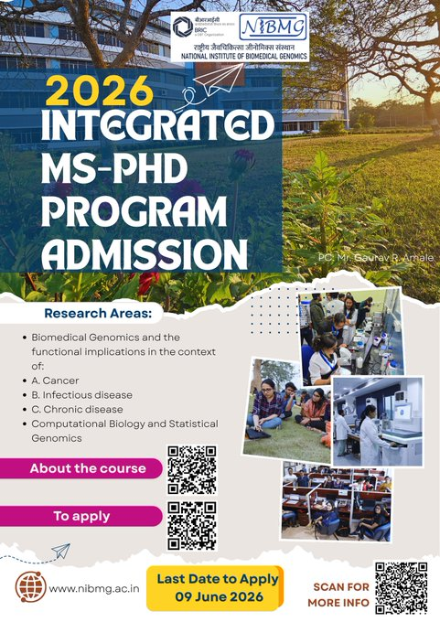 BRIC–NIBMG invites applications for Integrated MS–PhD (Biotechnology)