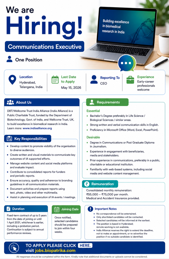 Communications Executive - DBT/Wellcome Trust India Alliance (India Alliance) - Hyderabad
