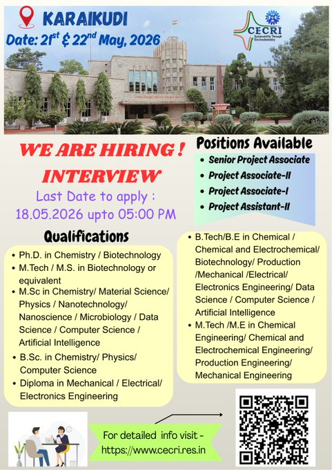 Recruitment of Project Personnel on Temporary Basis at @CSIR_CECRI