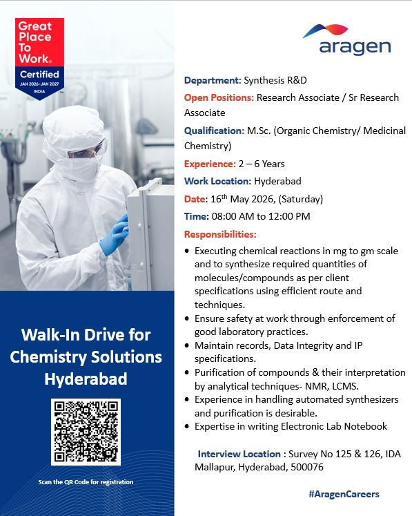 Opportunity for Chemists at Aragen - Hyderabad