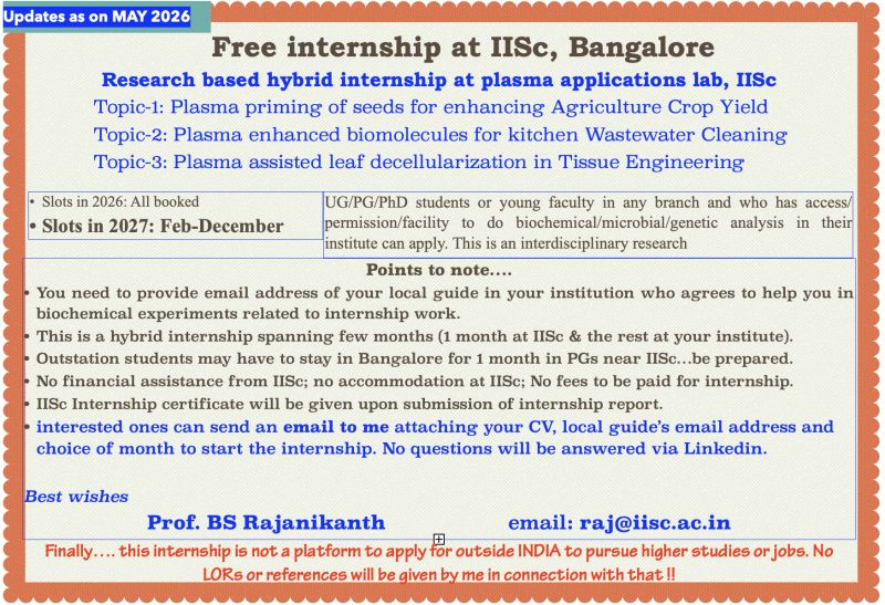 Free internship at plasma applications lab, IISc, Bangalore