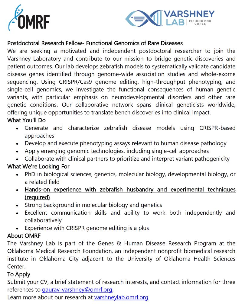 Hiring a postdoc to model rare genetic diseases in zebrafish - USA
