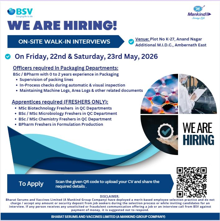 Multiple Openings Available at the Ambernath, Mumbai Plant of BSV