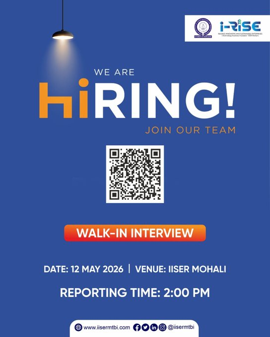 i-RISE Technology Business Incubator, IISER Mohali hiring Lab Manager